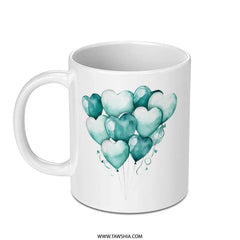 Heart Balloons Mug, Watercolor Balloons, Love Mug, Gift for Her, Birthday Gift, Valentines Mug, Teal Balloons, Unique Mug - Tawshia