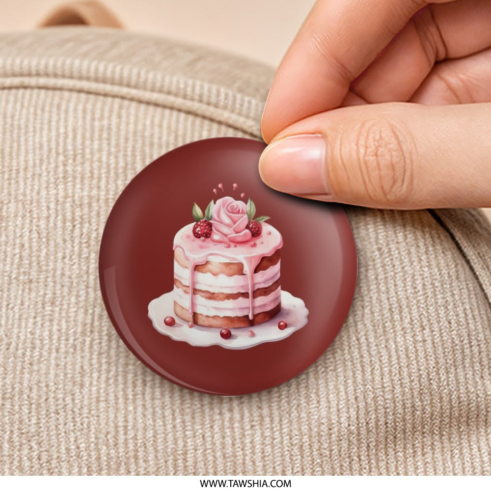 Pink Cake Pinback Button, Rose Cake Button, Dessert Button, Cute Food Pin, Baker Gift, Sweet Treat Button, Whimsical Style Pinback Button - Tawshia