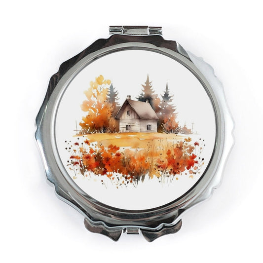 Autumn Cottage Pocket Mirror, Watercolor House, Travel Mirror, Handbag Mirror, Makeup Mirror, Gift for Her, Compact Mirror - Tawshia
