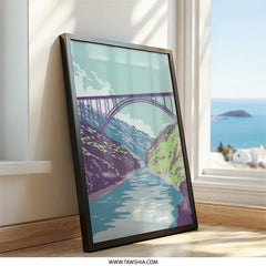Bridge Wall Art Print, River Landscape Art, Scenic View Poster, Mountain Bridge Decor, Nature Wall Art, Minimalist Art Print - Tawshia