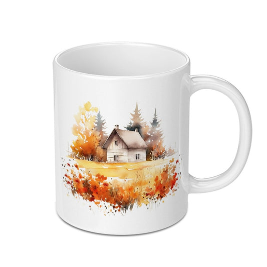 Watercolor Autumn House Mug, Cozy Cottage Coffee Cup, Fall Landscape Design, Rustic Home Decor, Nature Inspired Art Mug - Tawshia