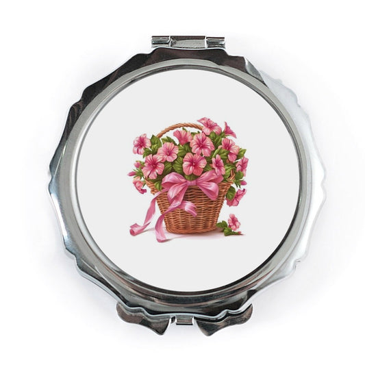 Pink Petunia Flowers Pocket Mirror, Floral Basket Design, Compact Mirror, Purse Mirror, Gift for Her, Cosmetic Mirror, Travel Mirror - Tawshia