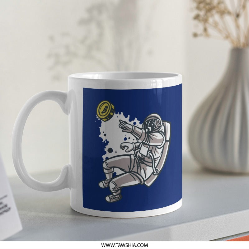 Blue Mug with Astronaut and Bitcoin Graphic Mug