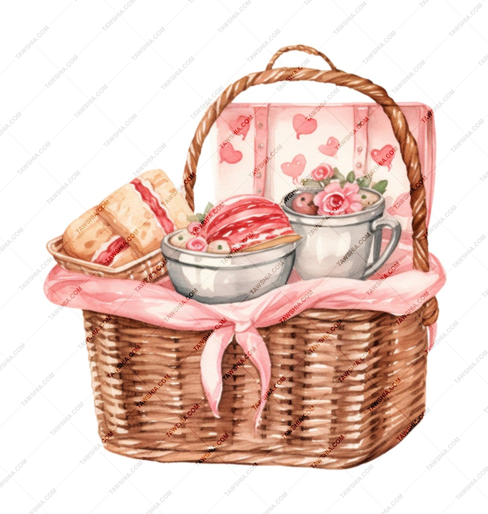 Picnic Mug, Watercolor Basket Mug, Heart Mug, Valentine's Mug, Cute Mug, Unique Mug, Gift Mug, Birthday Mug, Coffee Mug, Tea Mug - Tawshia