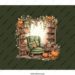 Autumn Backpack, Cozy Chair Backpack, Fall Decor Backpack, Pumpkin Backpack, Bookcase Backpack, Autumn Scene Backpack (137) - Tawshia