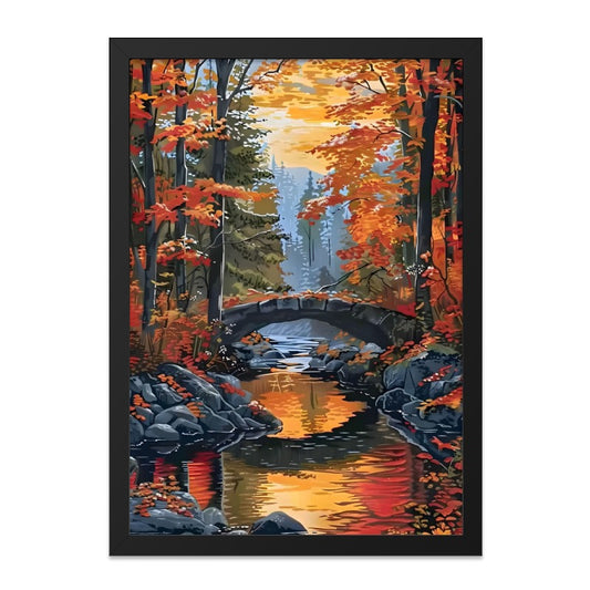 Autumn Forest Bridge Wall Art, Fall Season Decor, River Landscape Print, Colorful Nature Painting, Cozy Home Decor, Scenic Artwork - Tawshia