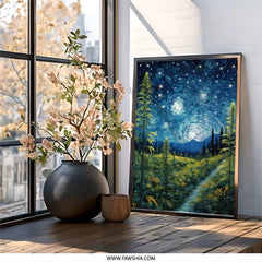 Starry Night Sky Wall Art, Cannabis Field Landscape Art, Impressionist Painting Style Wall Decor, Modern Home Art, Nature Inspired Art - Tawshia