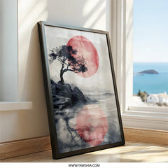 Japanese Art Wall Art, Red Sun Tree Print, Zen Landscape Poster, Minimalist Home Decor, Serene Nature Artwork - Tawshia