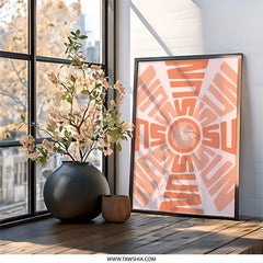 Retro Sun Wall Art, Mid Century Modern Print, Geometric Sunburst Decor, Abstract Sunrise Artwork, Peach and Orange Wall Art - Tawshia