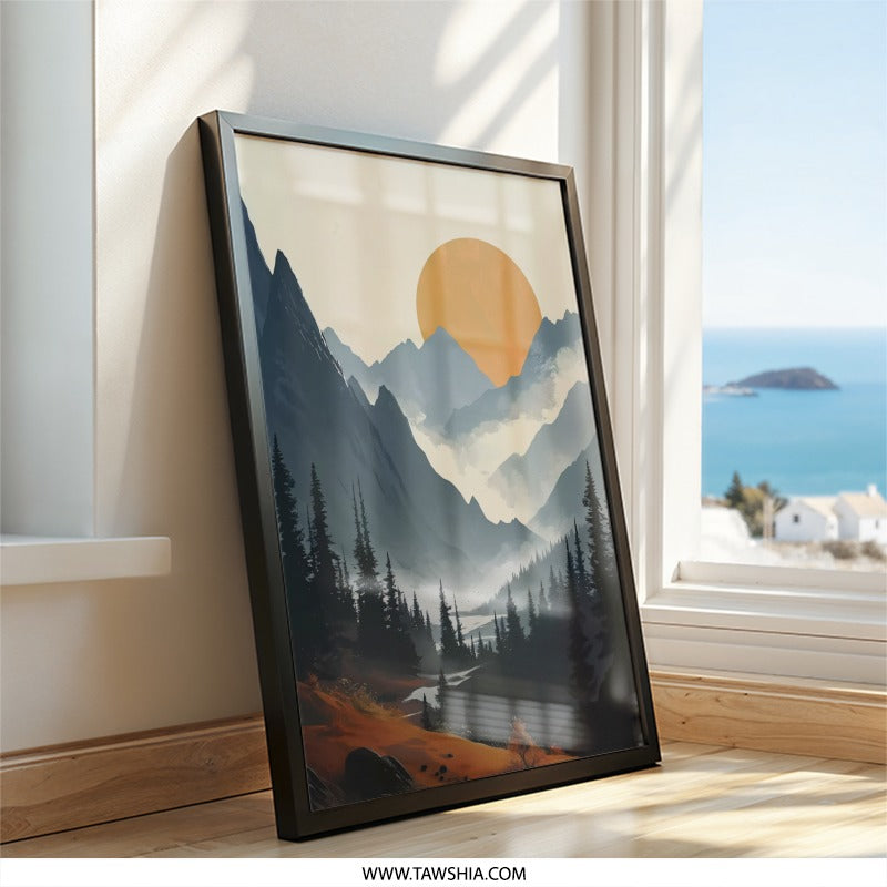 Mountain Sunset Wall Art, Landscape Art Print, Nature Scenery Poster, Serene Sunrise Decor, Minimalist Mountain Art, Living Room Wall Decor - Tawshia