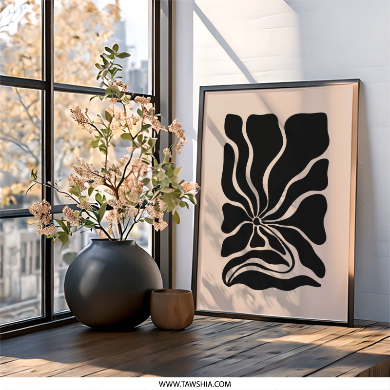 Modern Abstract Flower Wall Art, Black Beige Floral Print, Minimalist Home Decor, Contemporary Art Poster, Botanical Wall Decor - Tawshia