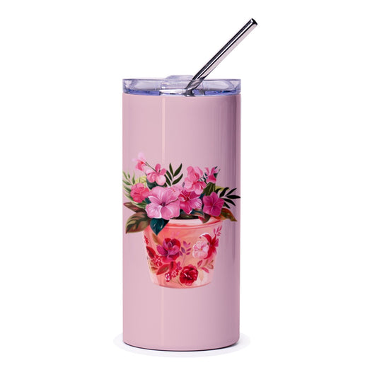 Pink Flower Pot Tumbler, Floral Tumbler, Unique Flower Design Tumbler, Trendy Tumbler, Aesthetic Tumbler, Gift Idea Tumbler, Drinkware - Tawshia