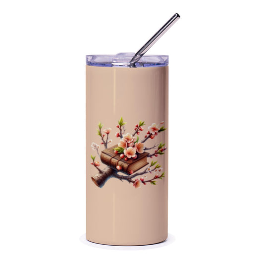 Book and Cherry Blossoms Tumbler, Floral Tumbler, Book Lover Gift, Spring Flowers Tumbler, Nature Inspired Tumbler, Unique Design - Tawshia