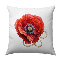 Red Poppy Pillow, Floral Throw Pillow, Elegant Home Decor, Botanical Accent Pillow, Flower Decorative Pillow, Pearl Embellished Pillow - Tawshia