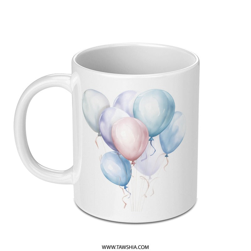 Balloons Mug, Watercolor Balloons Design, Party Mug, Celebration Mug, Birthday Mug, Pastel Balloons Mug, Unique Mug, Gift Mug - Tawshia