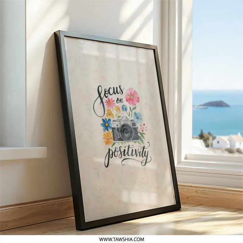 Focus on Positivity Wall Art, Camera and Floral Print, Inspirational Wall Decor, Positive Affirmation Art, Unique Home Decor - Tawshia