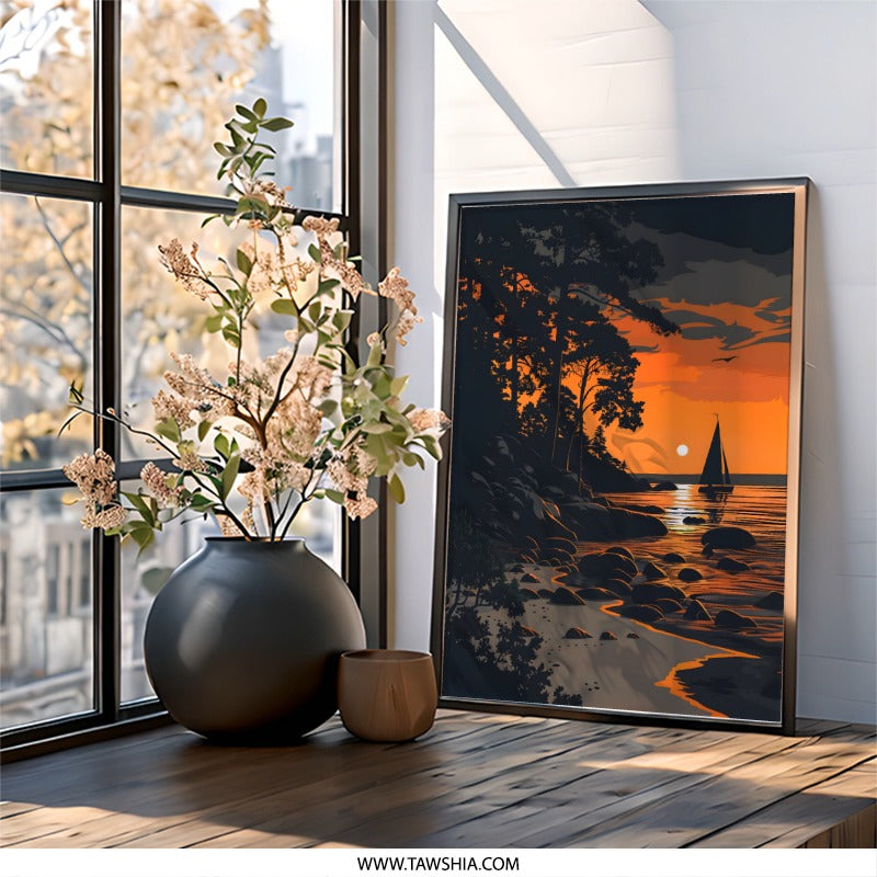 Sunset Sailboat Wall Art, Coastal Scenery Print, Beach Silhouette Poster, Orange Sky Landscape, Scandinavian Design, Nature Artwork - Tawshia