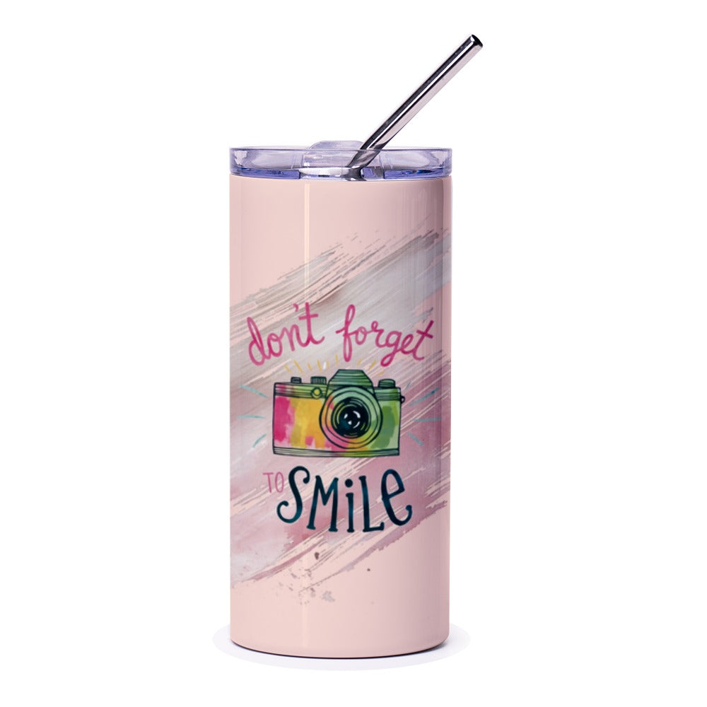 Camera Tumbler, Don't Forget to Smile, Photography Lover Gift, Inspirational Quote Tumbler, Gift for Photographers, Cute Tumbler - Tawshia