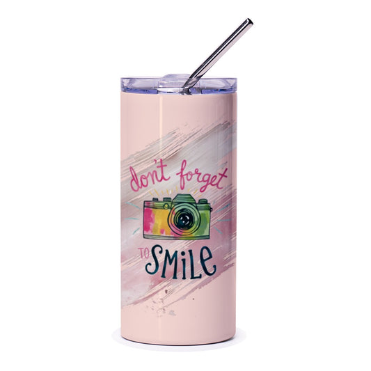 Camera Tumbler, Don't Forget to Smile, Photography Lover Gift, Inspirational Quote Tumbler, Gift for Photographers, Cute Tumbler - Tawshia