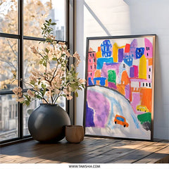 Colorful Cityscape Wall Art, Abstract Town Painting Print, Whimsical Car Scene, Modern Home Decor, Playful Wall Art - Tawshia