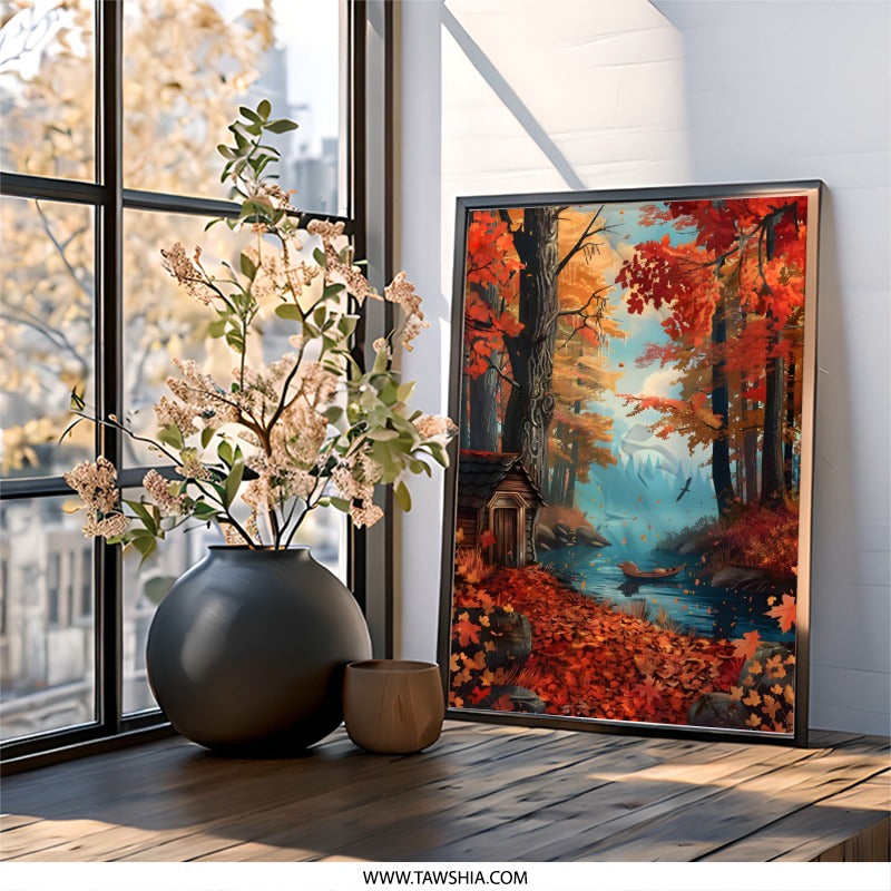 Autumn Cabin Wall Art, Fall Foliage Print, Lakeside Cabin Decor, Rustic Home Art, Colorful Autumn Scenery, Nature Wall Hanging - Tawshia