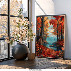 Autumn Cabin Wall Art, Fall Foliage Print, Lakeside Cabin Decor, Rustic Home Art, Colorful Autumn Scenery, Nature Wall Hanging - Tawshia