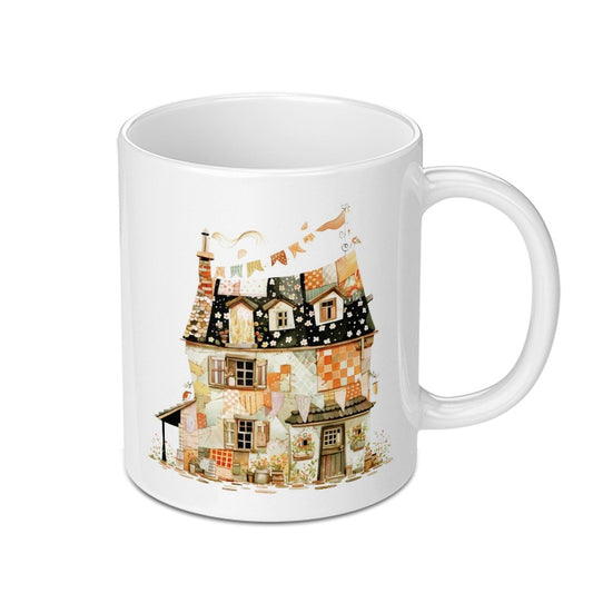 Quilted Cottage Mug, Cozy House Design, Unique Gift Mug, Home Decor, Warm Drinkware, Cute Cottagecore Mug, Coffee Lover Gift Idea - Tawshia