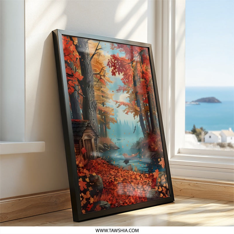Autumn Cabin Wall Art, Fall Foliage Print, Lakeside Cabin Decor, Rustic Home Art, Colorful Autumn Scenery, Nature Wall Hanging - Tawshia
