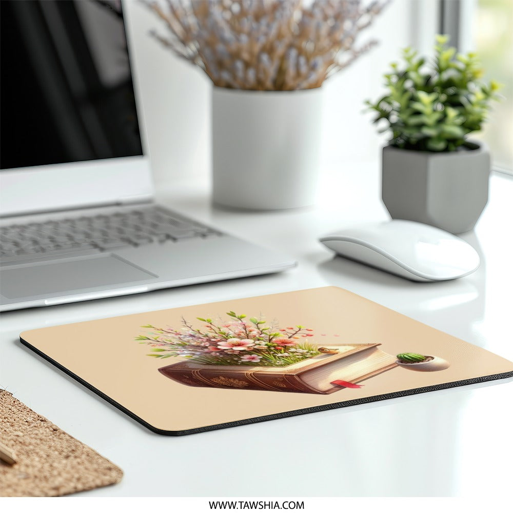 Book Garden Mouse Pad, Floral Mousepad, Book Lover Gift, Office Decor, Cute Mouse Pad, Bird and Flowers, Desk Accessory - Tawshia