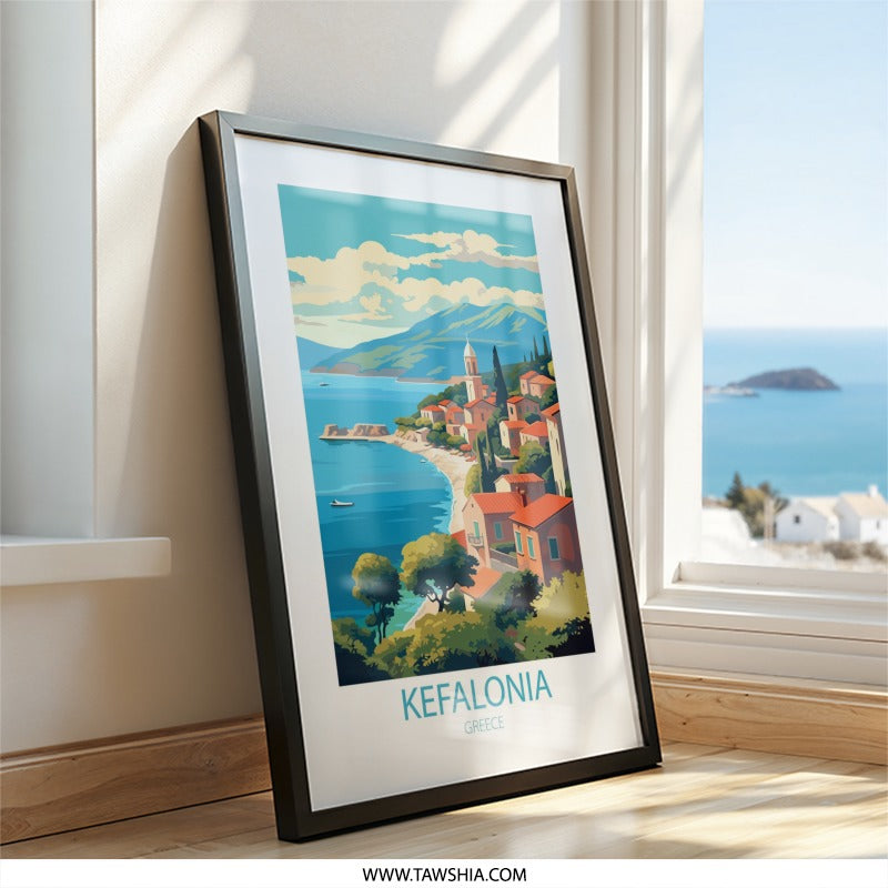 Kefalonia Greece Wall Art, Island Village Print, Coastal Scenery Painting, Travel Poster, Greek Artwork, Europe Home Decor - Tawshia