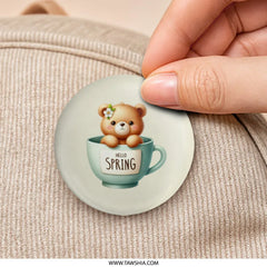 Cute Bear Pinback, Spring in a Cup Badge, Flower Pin, Button Pin, Kawaii Pin, Animal Pin, Gift Ideas, Adorable Spring Accessory - Tawshia