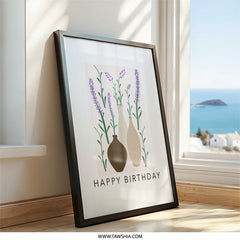 Happy Birthday Wall Art, Lavender Flower Print, Botanical Birthday Gift, Vases Art Print, Minimalist Home Decor, Floral Illustration - Tawshia