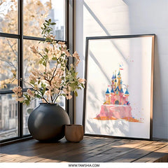 Pink Castle Wall Art, Watercolor Castle Print, Fairytale Castle Decor, Kids Room Art, Princess Castle Art, Magical Kingdom Art - Tawshia