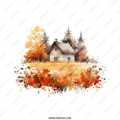 Watercolor Cabin Pillow, Autumn Landscape Throw Pillow, Rustic Home Decor Pillow, Country House Accent Pillow, Fall Foliage Cushion - Tawshia