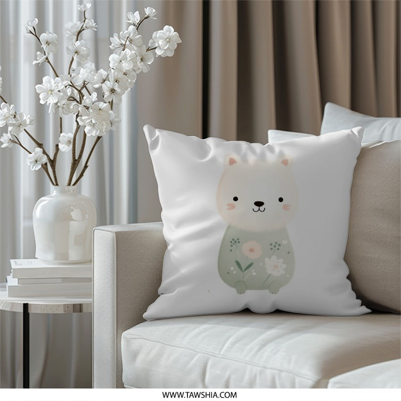 Cute Bear Pillow, Floral Design Pillow, Nursery Decor Pillow, Kids Room Pillow, Decorative Pillow, Gift Idea - Tawshia