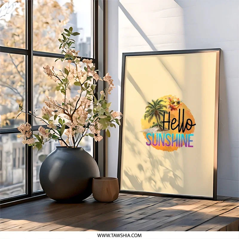 Hello Sunshine Framed Wall Art, Beach Decor, Summer Vibes Art, Happy Sun Print, Tropical Wall Hanging, Colorful Wall Art - Tawshia