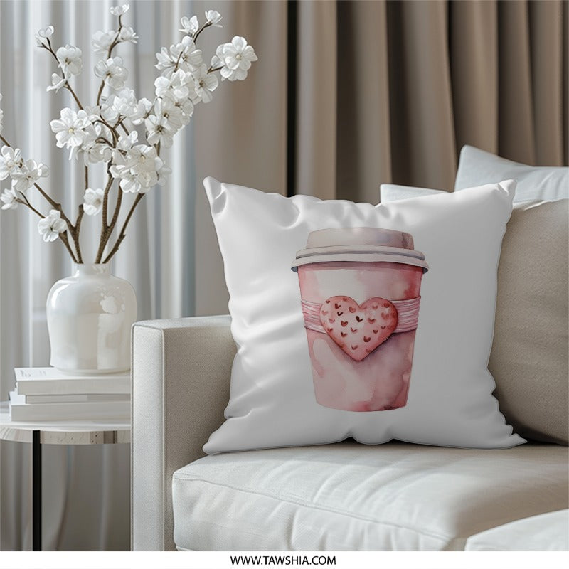Pink Coffee Cup Pillow, Heart Pillow, Valentines Day Pillow, Love Pillow, Watercolor Pillow, Throw Pillow, Home Decor - Tawshia