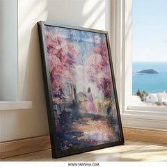 Cherry Blossom Wall Art, Girl in Pink Dress Art, Floral Scenery Painting, Impressionist Wall Decor, Spring Season Art Print - Tawshia
