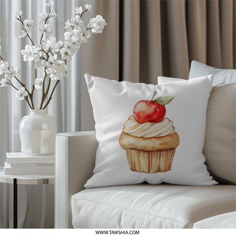 Apple Cupcake Pillow, Watercolor Pillow, Foodie Home Decor, Kitchen Accent Pillow, Unique Cupcake Design, Throw Pillow, Sofa Pillow - Tawshia