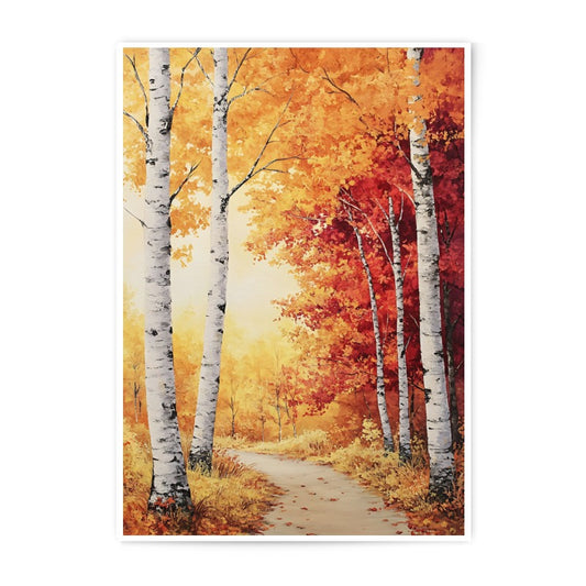 Autumn Birch Tree Photographic Print, Fall Landscape Wall Art, Forest Path Photography, Nature Art Print, Colorful Autumn Decor - Tawshia