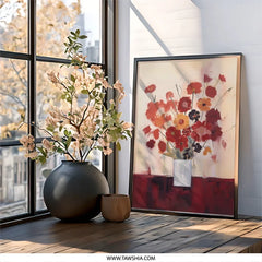 Floral Wall Art, Flower Bouquet Print, Red Orange Wall Decor, Botanical Painting, Contemporary Wall Art, Modern Floral Wall Art (134 - Tawshia