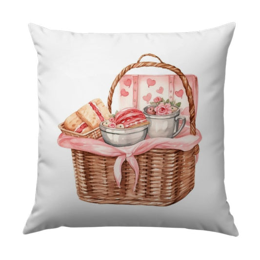 Picnic Basket Pillow, Floral Valentine, Heart Suitcase Decor, Cottagecore Accent, Whimsical Cushion, Kitchen Decor, Home Decor Pillow - Tawshia