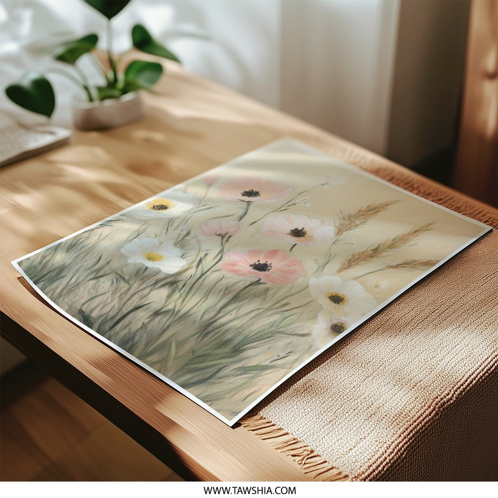 Floral Photographic Print, Pink White Flower Art, Botanical Print, Meadow Wall Art, Neutral Home Decor, Floral Still Life, Floral Field Art - Tawshia