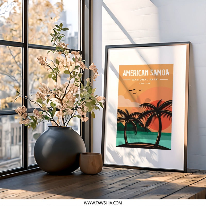 American Samoa Wall Art, National Park Print, Tropical Island Decor, Sunset Palm Trees, Travel Poster, Vacation Souvenir - Tawshia