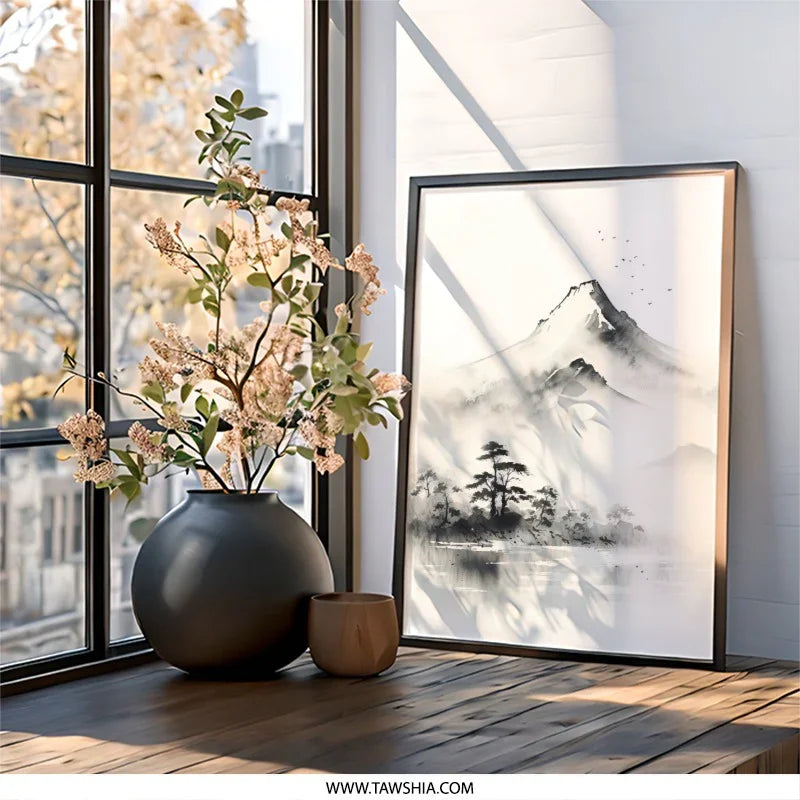 Mountain Landscape Wall Art, Ink Wash Painting Print, Sumi e Art, Nature Scenery Art Print, Japanese Mountain Art Poster - Tawshia