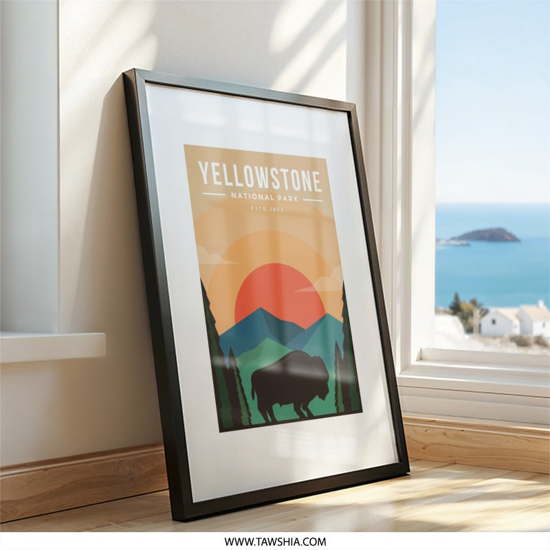 Yellowstone Wall Art, National Park Poster, Bison Art Print, Landscape Wall Decor, Travel Art Print, Nature Artwork - Tawshia