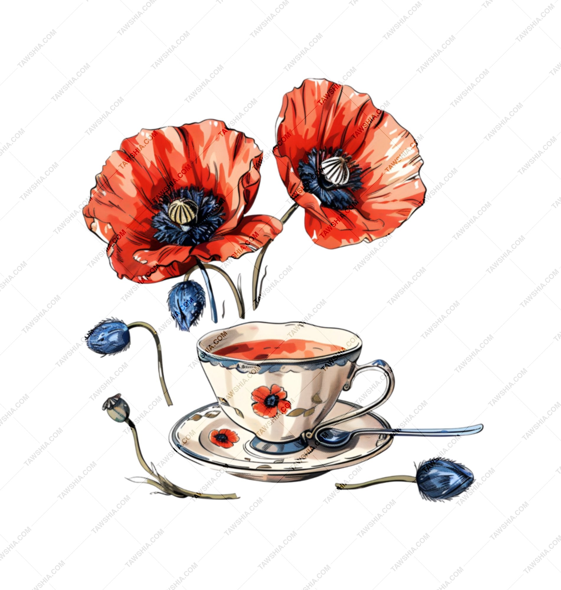 Vibrant Floral Red Teacup and Saucer Set product