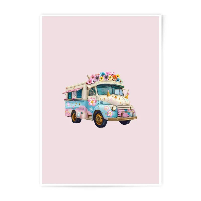 Floral Ice Cream Truck Photographic Prints, Pastel Van Art, Unique Kitchen Decor, Whimsical Wall Art, Cute Food Truck Photo - Tawshia