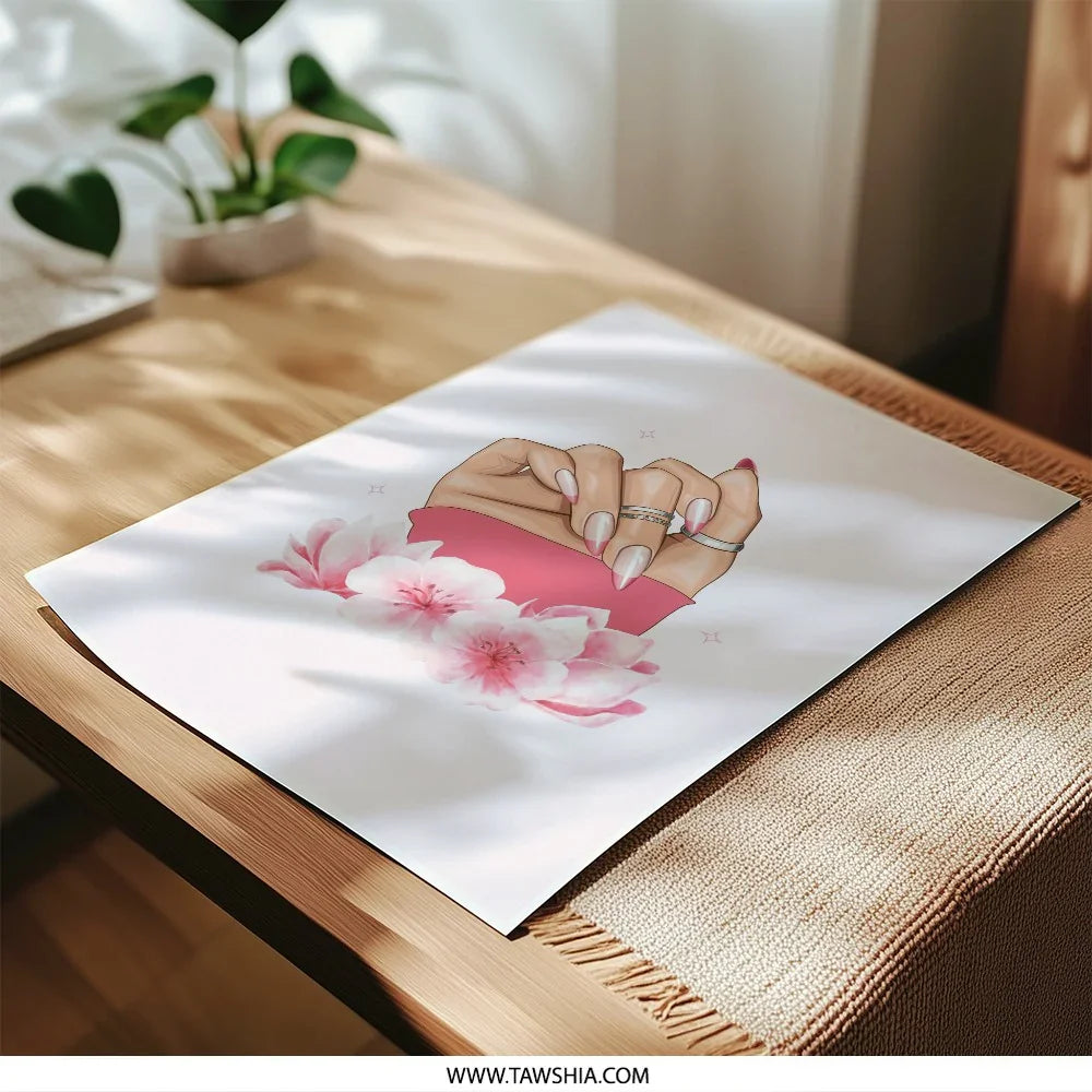 Nail Art Photographic Print, Pink Flowers, Fashion Print, Modern Art, Glam Decor, Stylish Illustration, Nail Salon Art, Hand Model Art - Tawshia