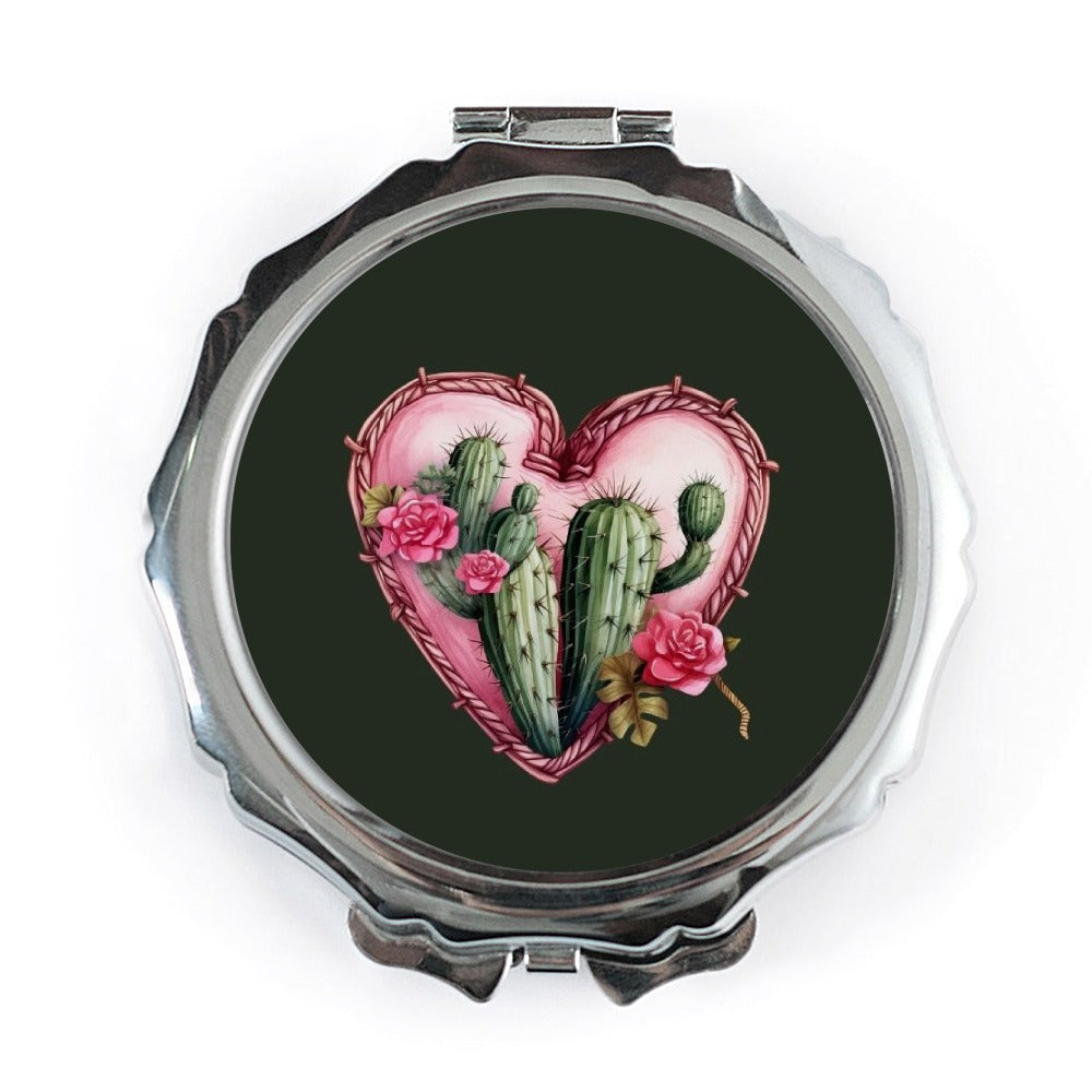 Cactus Love Pocket Mirror, Heart and Roses Makeup Mirror, Floral Compact Mirror, Southwestern Style Mirror, Gift for Her, Cute Mirror - Tawshia